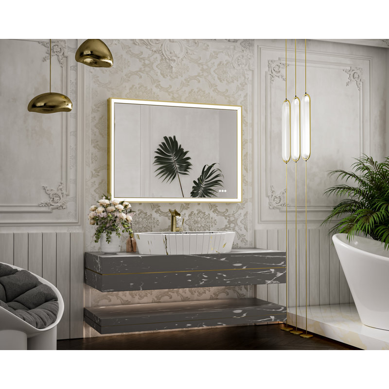 Ivy Bronx LED Metal Framed Bathroom Mirror Anti Fog Function 3 Color Adjustment Ivy Bronx Size 36 x 28 Shape Rectangle Finish Brushed Gold